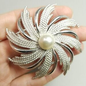 Vintage Sarah Coventry Silver Tone Pinwheel Spiral Flower Brooch, Faux Pearl